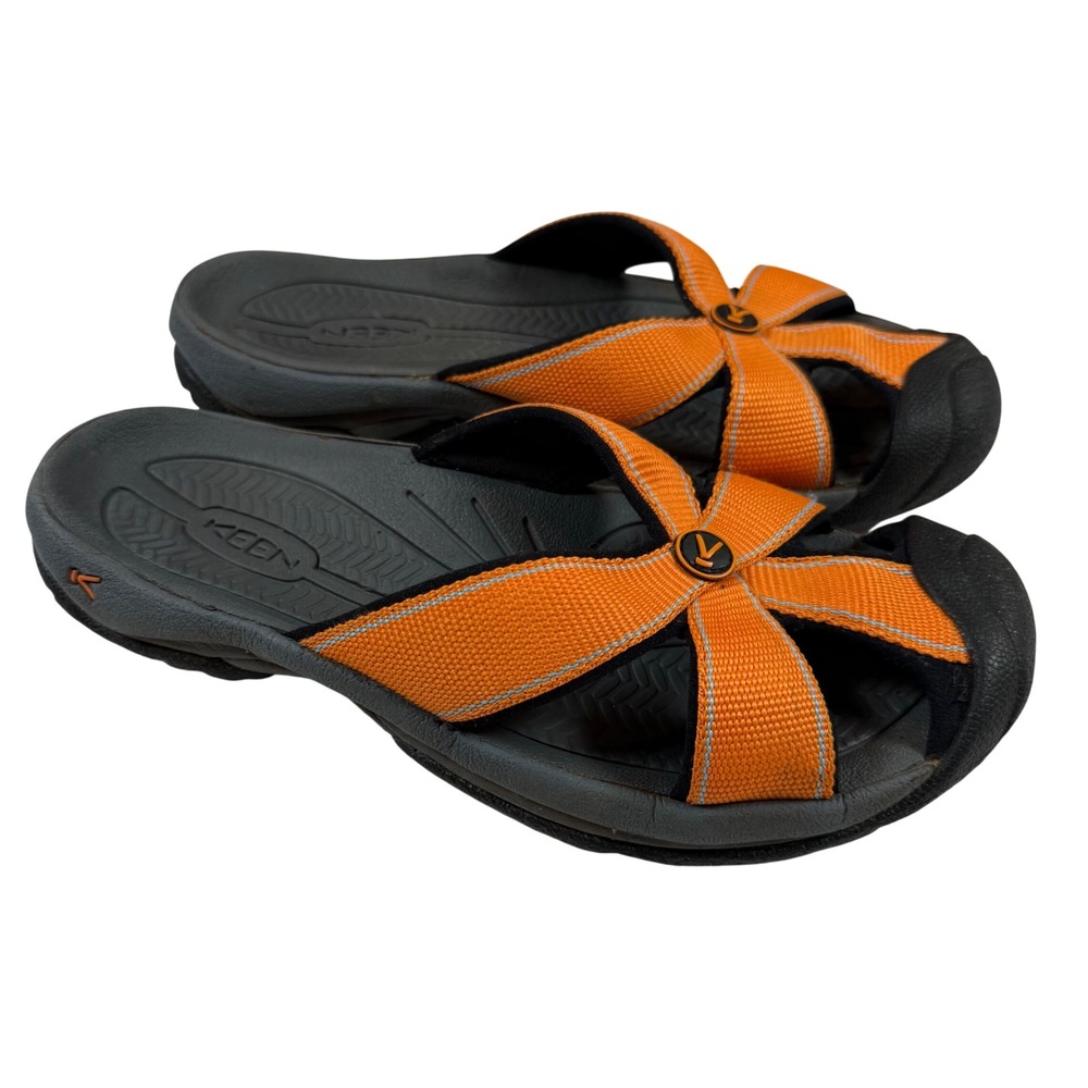 Keen Bali Slide Sandals Orange Gray Webbing Straps Rubber Toe Womens 6.5